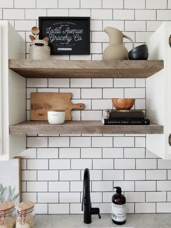 How to easily style open shelves in a modern farmhouse kitchen. Styling Tips from Cynthia Harper. 