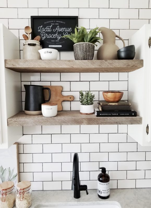 How to easily style open shelves in a modern farmhouse kitchen. Styling Tips from Cynthia Harper. 