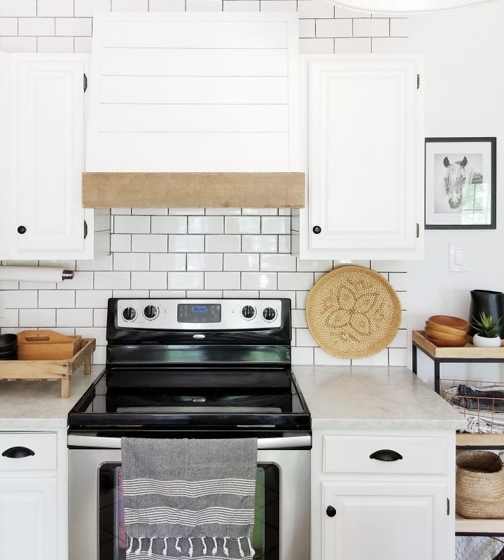 DIY Shiplap Kitchen Range Hood in a modern farmhouse kitchen by Cynthia Harper