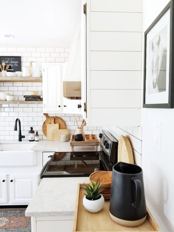 DIY Shiplap Kitchen Range Hood in a modern farmhouse kitchen by Cynthia Harper