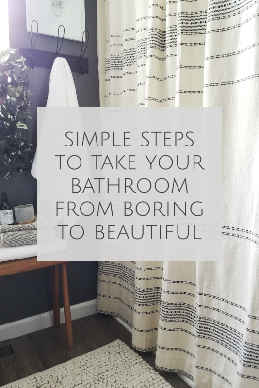 Simple steps to take your bathroom from boring to beautiful. Neutral modern farmhouse bathroom by Cynthia Harper. Budget friendly bathroom makeover. 